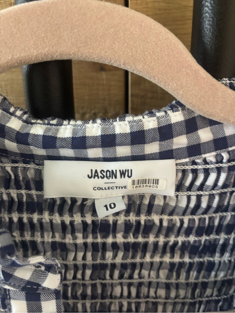 Jason Wu Collective Gingham Smocked Shirt Dress Navy White Size 10 Ruffle - Picture 2 of 3